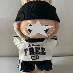 3 PC Set WHITE/Black SHIRT Shorts & HAT Labubu SPORTS Outfit - DOLL NOT Included